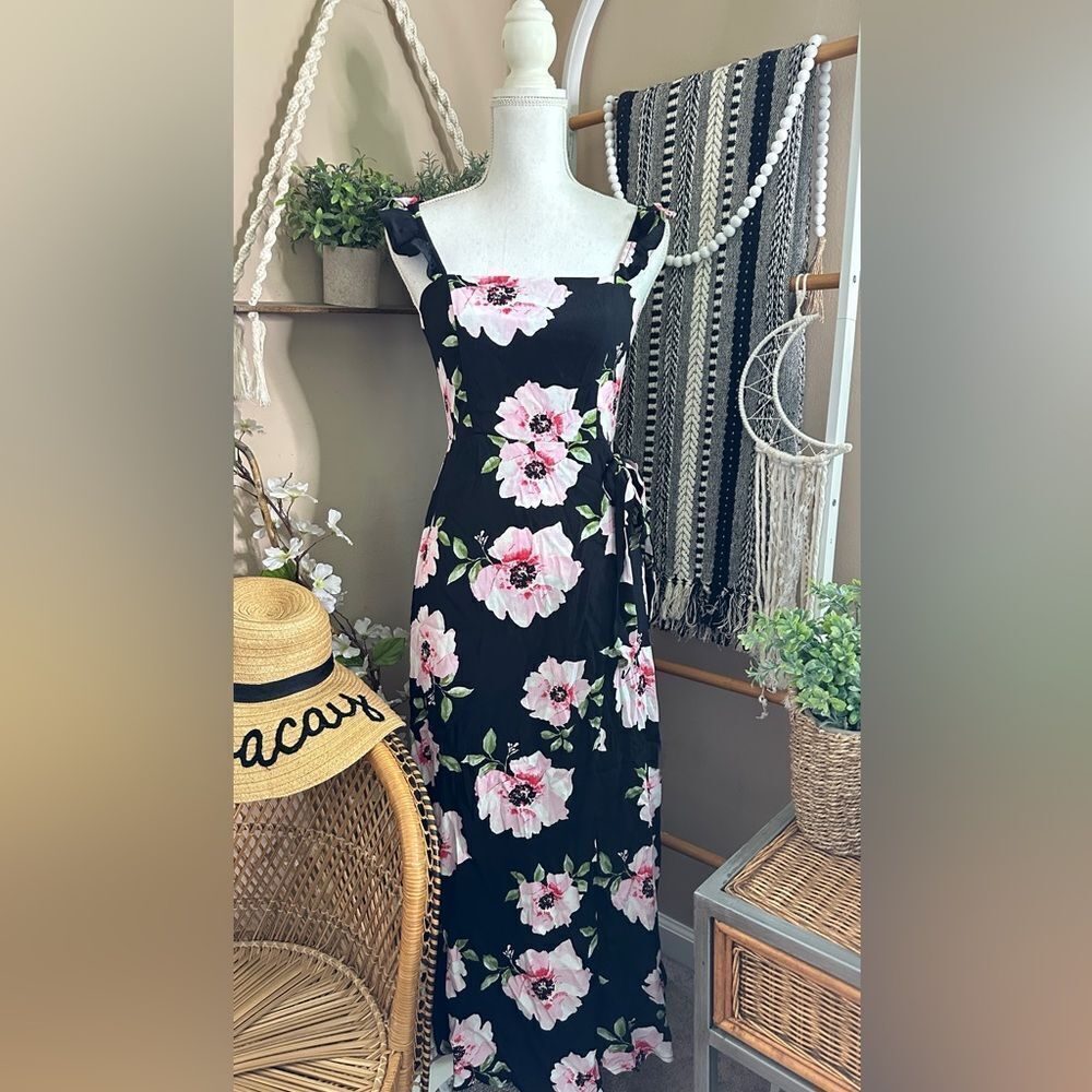Forever 21 Contemporary Black Pink Floral Faux Wrap Smocked Maxi Dress